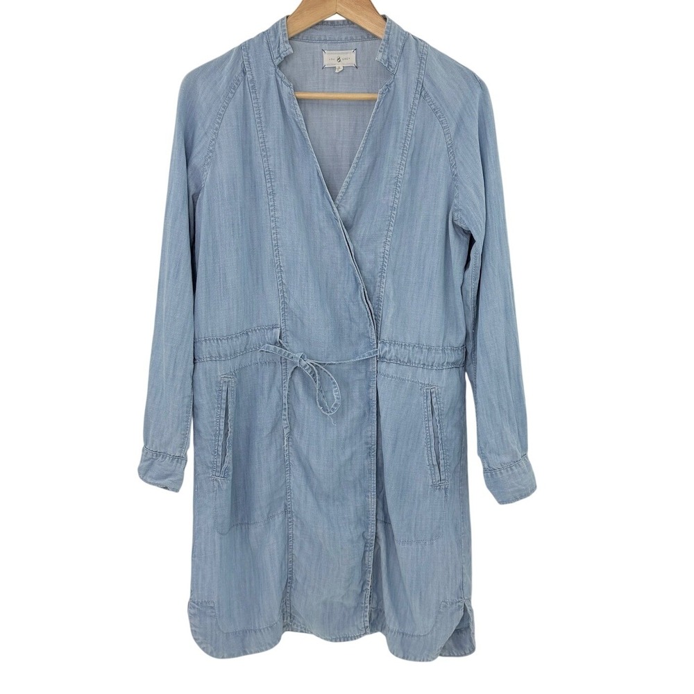Lou & Grey Women Small Blue Lyocell Chambray Wrap Dress Long Sleeve Tie Waist‎